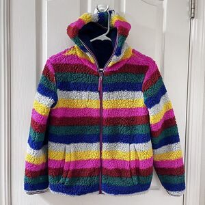 Mini Boden Rainbow Striped Cosy Reversible Fleece Hoodie Jacket Girls Size 11-12